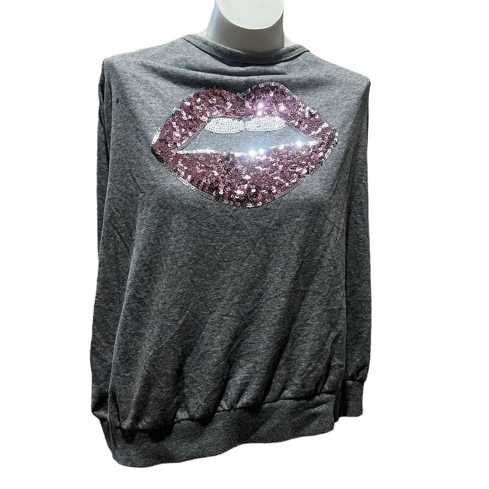 Torrid Women's Plus Size 3 Gray Off Shoulder Sweatshirt Pink Sequin Lips Casual - Picture 1 of 9